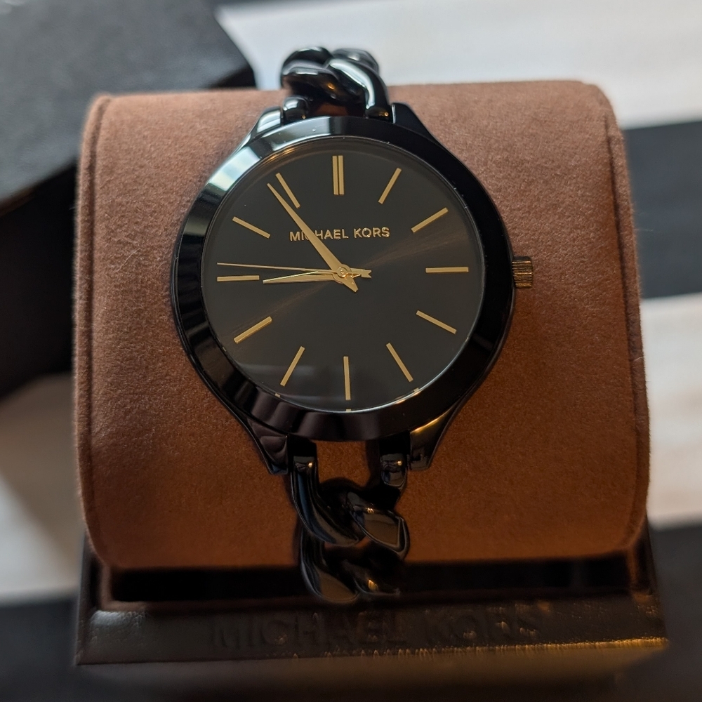 Michael Kors Slim Runway Black Dial Black Steel Strap Watch for Women
